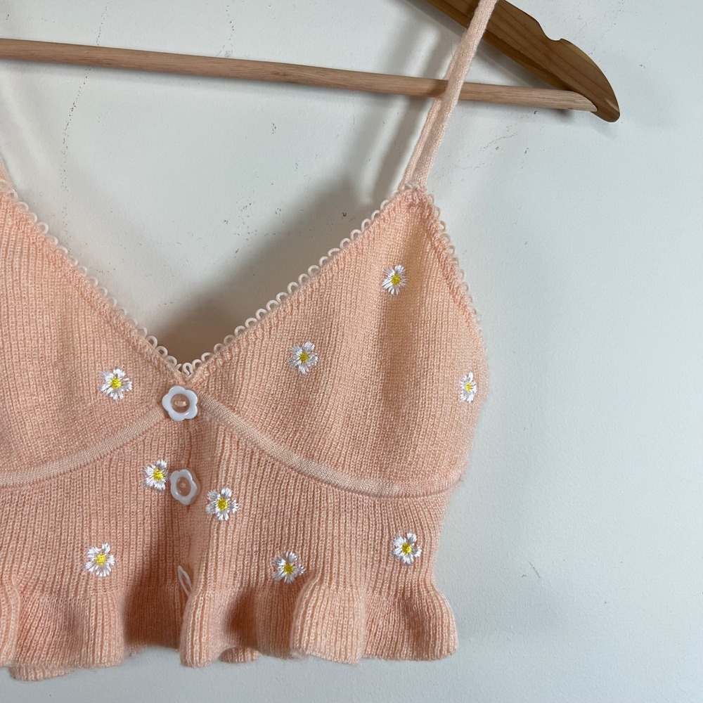 For Love And Lemons Embroidered Buds Knitted Tank Top Peach Pink Womens XS - Picture 4 of 7
